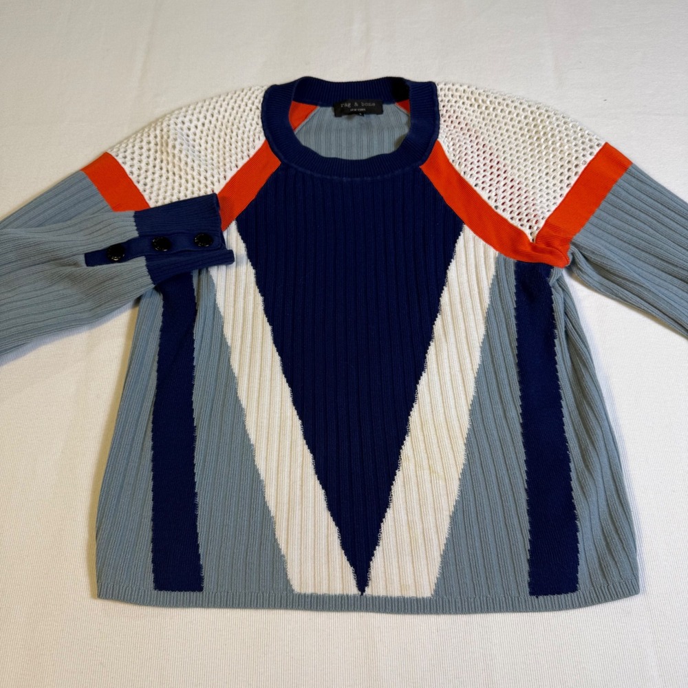 Rag & Bone Lark Geometric Colorblock Knit Sweater Mesh Orange Navy‎ XS Varsity